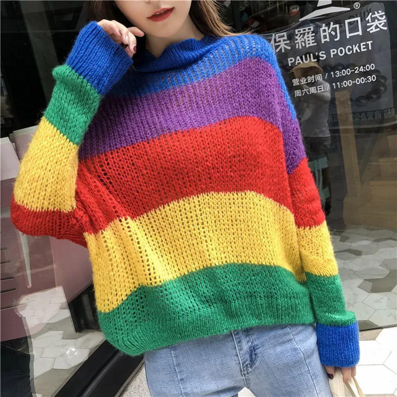 Danjeaner Womens Sweaters 2018 Winter Fashion Rainbow Striped Turtleneck Pullovers Knitted Jumpers Streetwear Oversized | Женская одежда