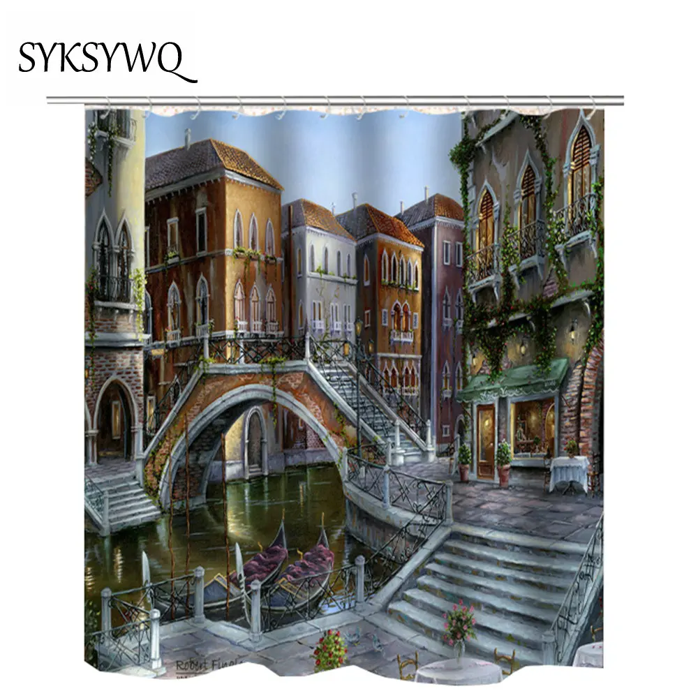 Занавеска для ванной комнаты с цветочным замком и рекой 3d Водонепроницаемая