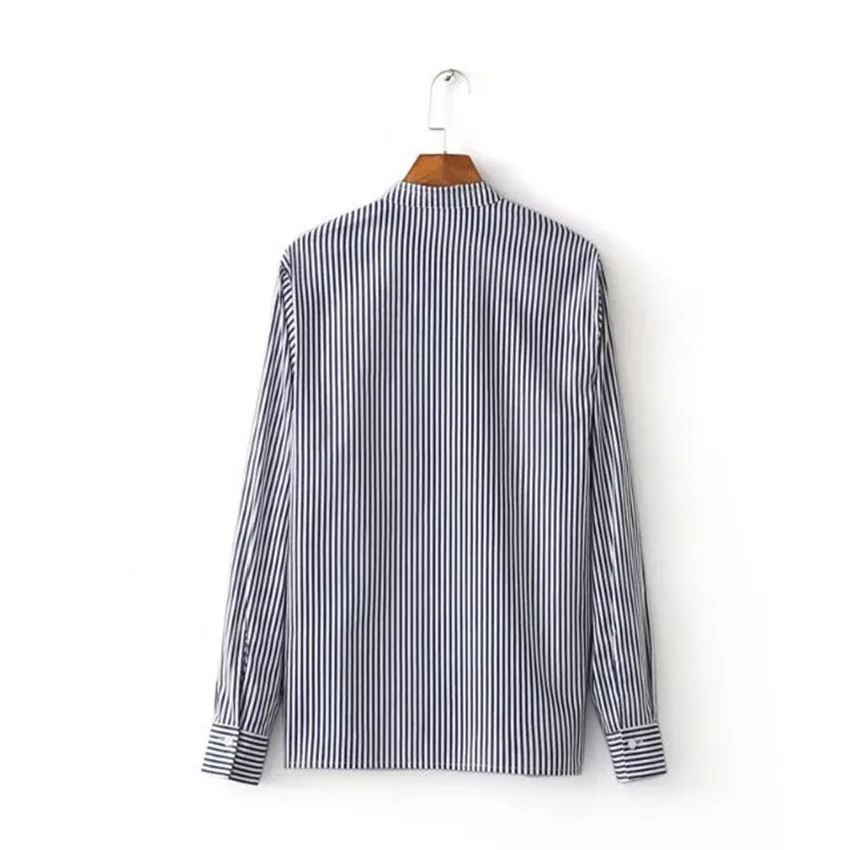 Woman Embroidery Blouse Striped Shirt Cotton Stand Collar Long Sleeve Floral Bird Tops Camisa Feminina |