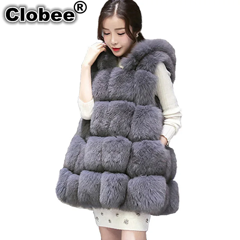 2019 Autumn Winter Furry Medium Long Women Hooded Faux Fur Vests Artificial Fox Vest Plus Size 4XL Cloak Style Waistcoat | Женская