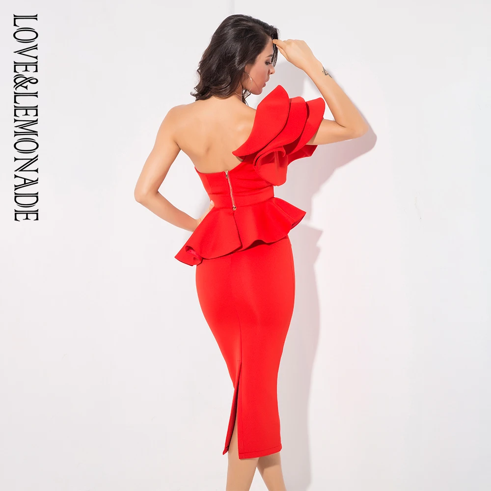 Женский костюм двойка LOVE & LEMONADE красный облегающий на одно плечо с оборками