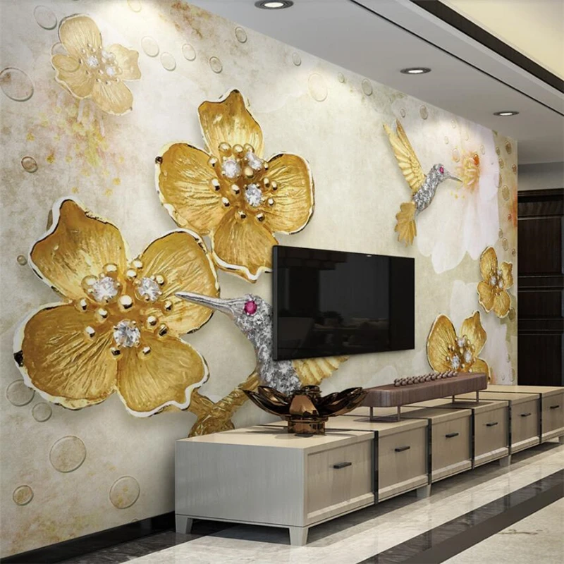 

wellyu papel de parede Custom wallpaper American village nostalgic gold carving plum bird 3d tv wall background tapety