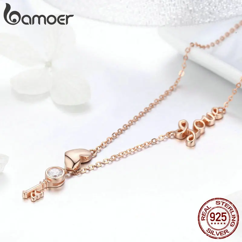 BAMOER 925 пробы серебряный ключ замок любви Золотой цвет ожерелья, браслеты, ювелирные изделия наборы свадебные Аутентичные серебряные ювелирные изделия