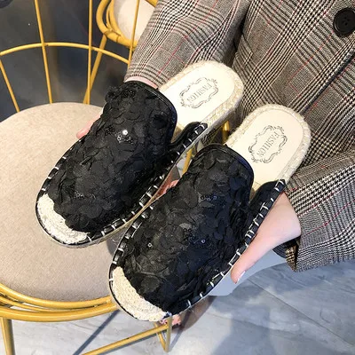 black slipper Женская розовая обувь на плоской подошве; обувь в рыбацком стиле; слипоны с цветочными лепестками; однотонная элегантная обувь с блестками; женские лоферы; сезон весна-осень; обувь на плоской подошве - Цвет: black slipper