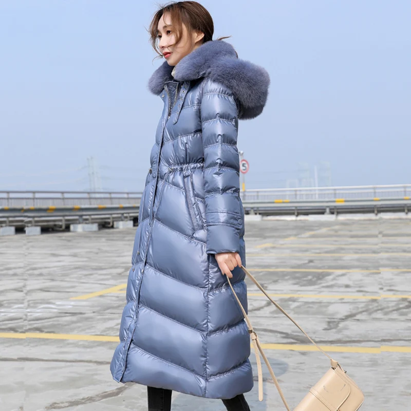 Женская парка на утином пуху длинное пальто с капюшоном и воротником из