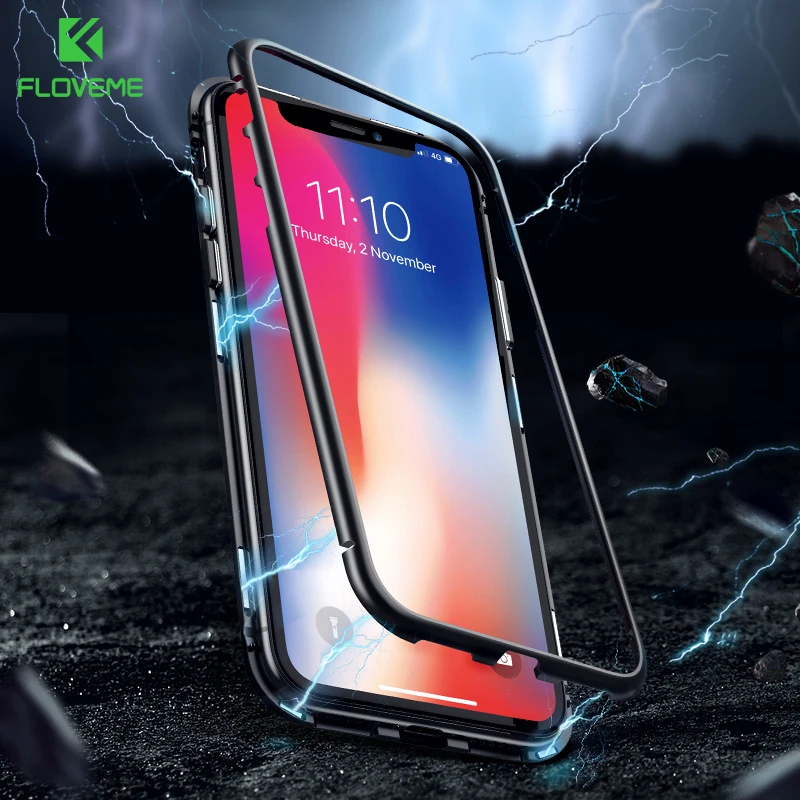 

Противоударный Магнитный чехол FLOVEME для iPhone7 7 8 8 Plus Xs Max XR X 9H, прозрачный чехол из закаленного стекла с металлической рамкой