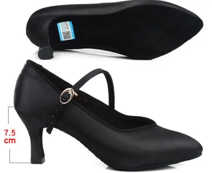 Black 7.5cm Heel Женская обувь для бальных танцев, латинских танцев, Женская атласная обувь с закрытым носком для сальсы, Танго, вальса, тонкий каблук 5,5 см/6,5 см/7,5 см - Цвет: Black 7.5cm Heel