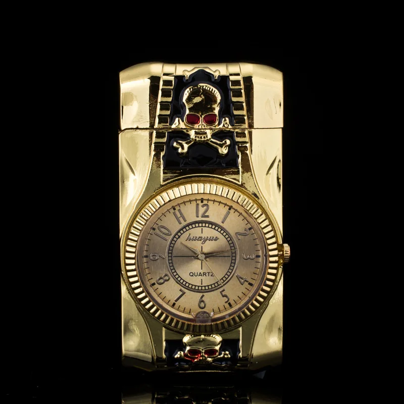 Skull modeling Clock Watch Quartz Lighter Compact  Butane Jet Torch Cigarette Cigar Straight Fire Lighter NO GAS Men Gift