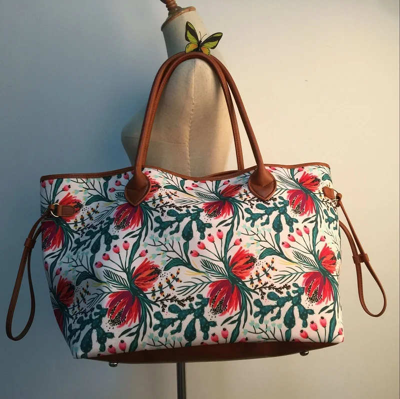 Summer Cactus Styles Canvas Tote With Green Flora Red and Purple Colored Catus Designs Women Handbag with Pu handle DOM109842 | Багаж и