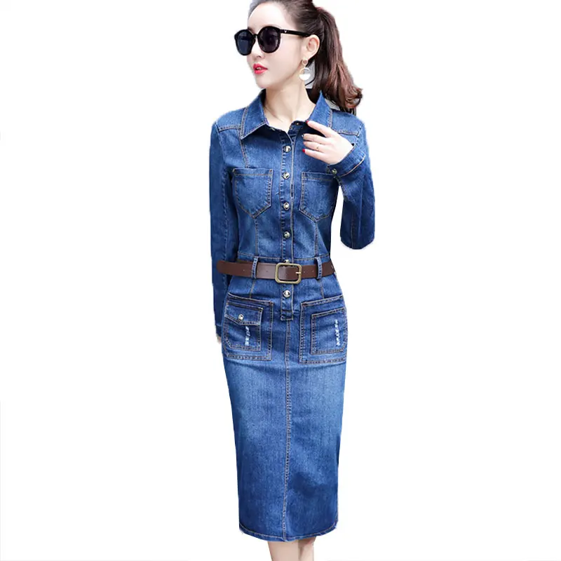 

2022 Basic Women Denim Dress Spring Autumn Long The Belt Waist Thin Package Bodycon Hip Sexy Female Jeans Dresses Vestidos LJ223