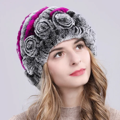 gray and purple Новые зимние шапки из меха кролика рекс женский Настоящий мех кролика Цветочные шапочки вязаная шапка ручной работы натуральная шапка из меха кролика рекс - Цвет: gray and purple