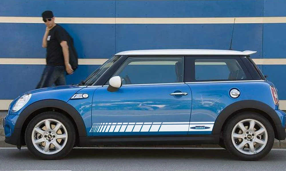 2pcs Car Door Side Skirt JCW Decal Stickers Racing Stripes Decoration For MINI John Cooper Works R56 R58 R59 F57 F56 Hatchback