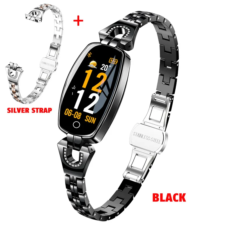 black add silve stap H8 женский умный Браслет фитнес-браслет монитор сердечного ритма кровяное давление кислородный смарт-браслет лучший подарок для леди - Цвет: black add silve stap