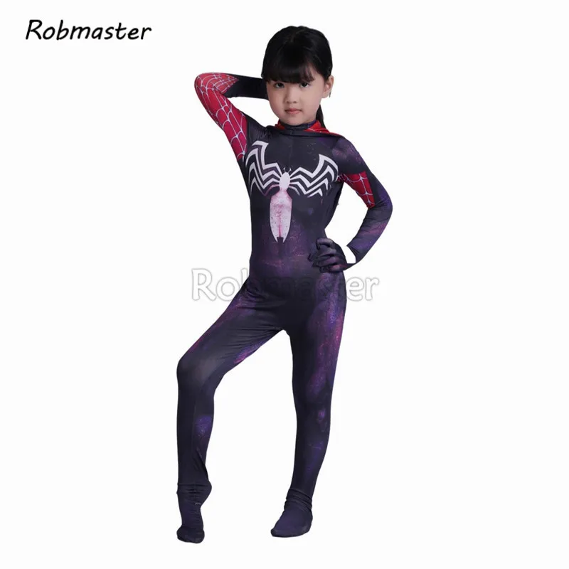 3D печатных детей гвеном Косплей Костюм с капюшоном Zentai девочек Веном симбиот костюм паук Гвен Стэйси костюм Спайдермен плащ костюм