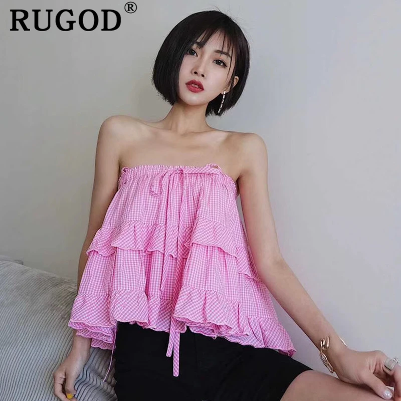 

RUGOD 2019 Off shoulder women camis elegant slash neck pleated plaid layer loose summer crop tops casual modis femme tank tops