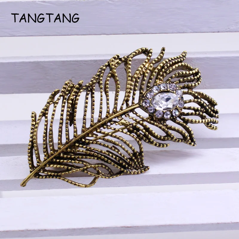 Vintage Antique Bronze Scarf Brooches Clip Jewelry For Women Feather Style Coat Dress Rhinestone Broches Mujer Decoration Gift | Украшения