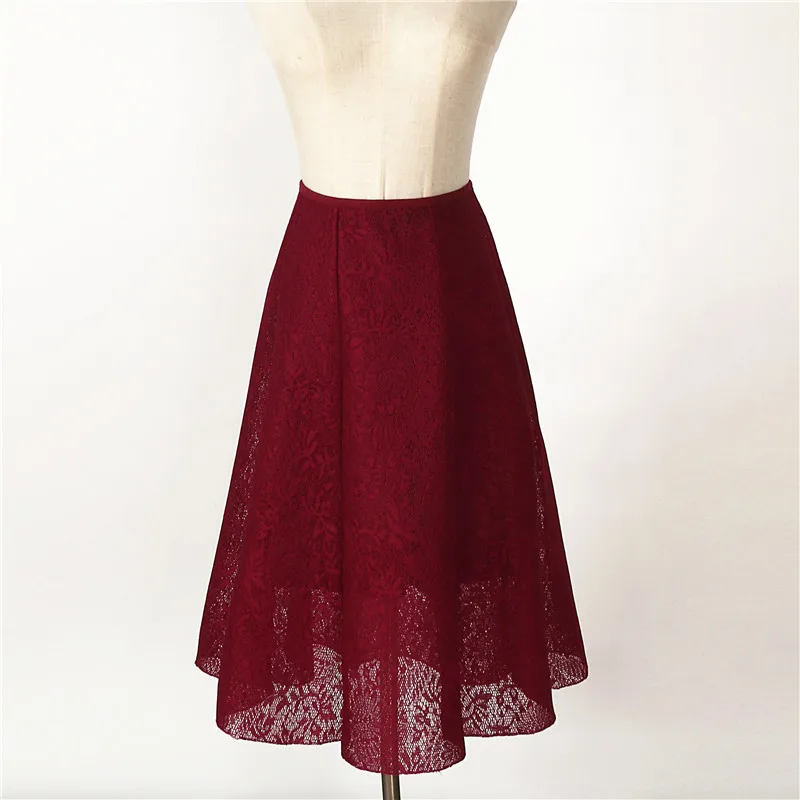 wine red Женская юбка миди, Осень-зима, модная, винтажная, однотонная, открытая, кружевная, высокая талия, элегантная, для девушек, юбка Saia faldas SK7001 - Цвет: wine red