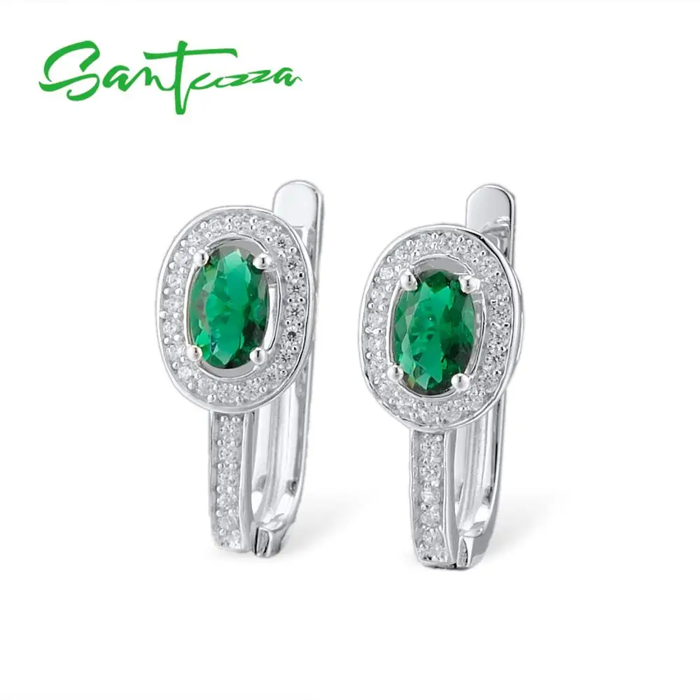 SANTUZZA, серебряные серьги для женщин, 925 пробы, серебряные, Овальные, Зеленый Кристалл, белые серьги с цирконием кубической огранки, модные ювелирные изделия