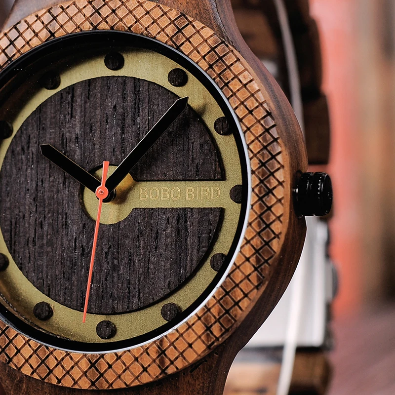 Мужские деревянные часы BOBO BIRD Q09 простые кварцевые Zebrawood и черное дерево