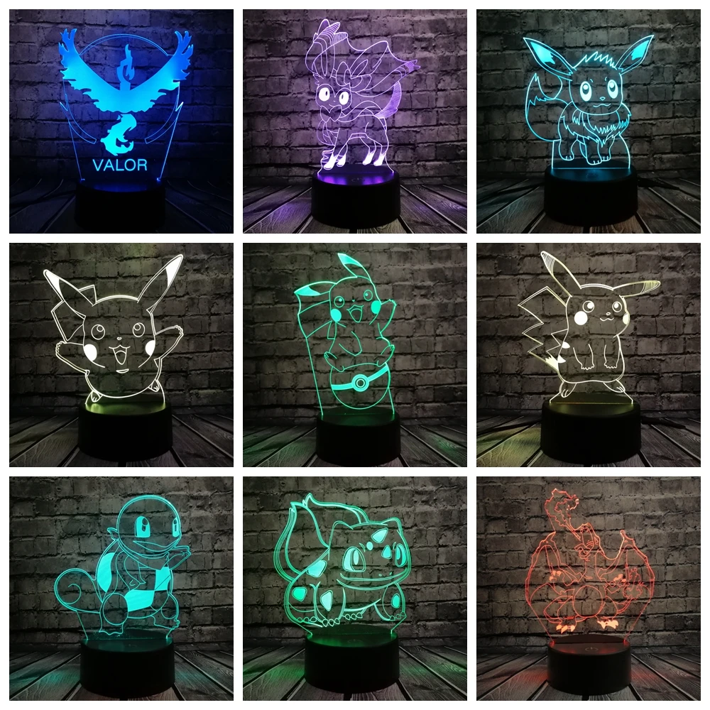 Pokemon Go фигурку 3D RGB лампа Пикачу Eevee черепаха птица Огненный Дракон Pokeball мяч
