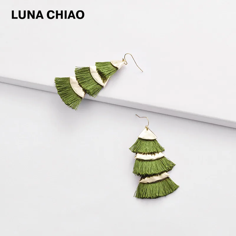 Green LUNA CHIAO, модные серьги Brincos, трехслойные, с бахромой, женские серьги, висячие серьги, ювелирное изделие для женщин - Окраска металла: Green