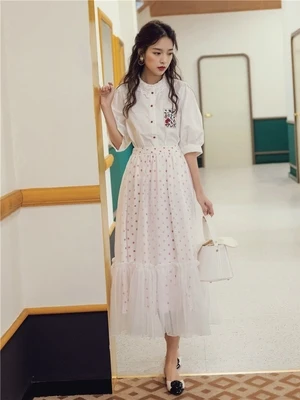 Photo Color SWEETXUE Summer Fashion Temperament 2 Piece Suit White Embroidered Shirt High Waist Wave Point Mesh Skirt Casual Retro Set - Цвет: Photo Color