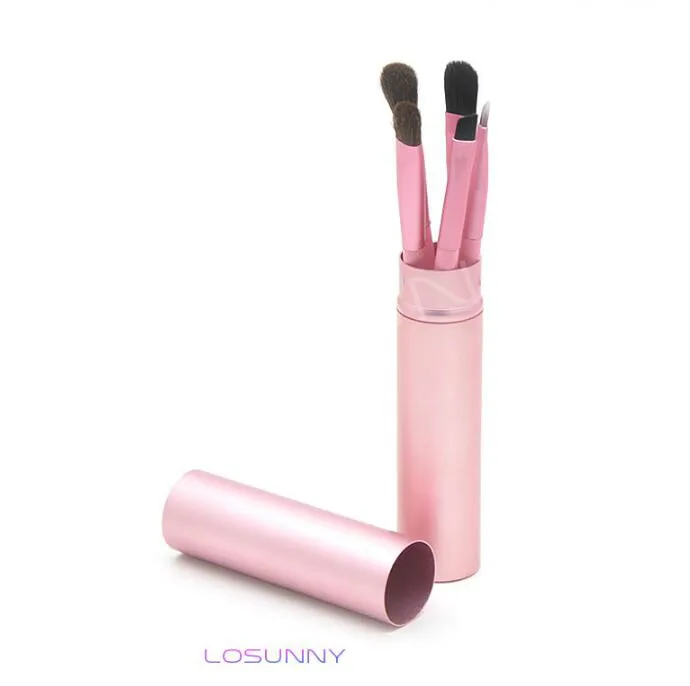 

LOSUNNY 5 Pcs Wooden Handle Portable Eye Makeup Brush Set Horse Hair Beauty Makeup Aluminum Bucket Tool Pink Handle