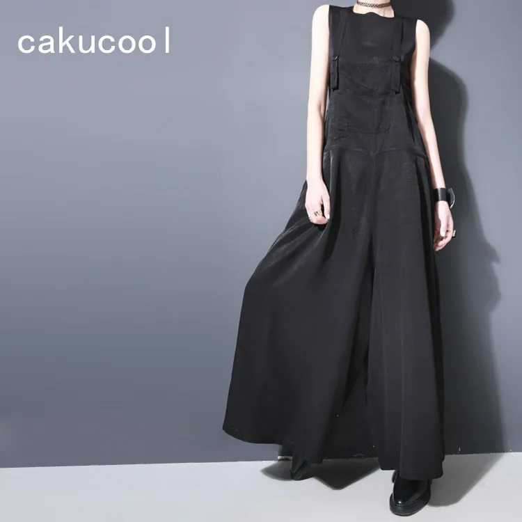 Женский комбинезон с широкими штанинами Cakucool однотонный черный повседневный