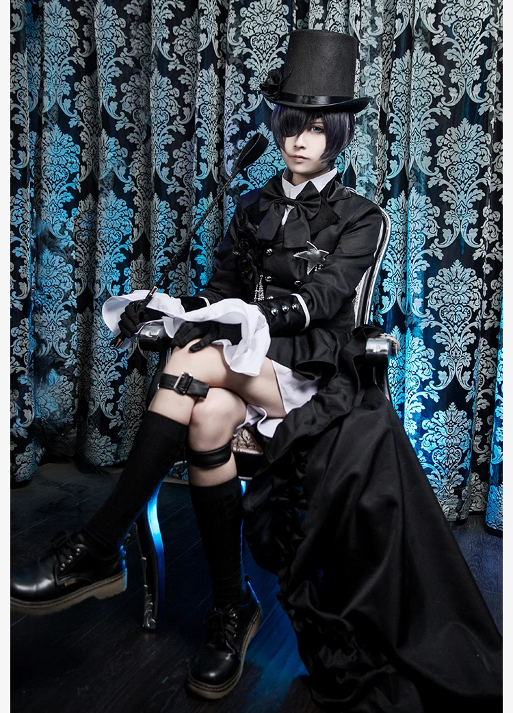 Полный комплект Черный Дворецкий Косплей Ciel Phantomhive Костюм Бесплатная Шляпа
