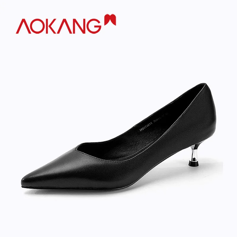 AOKANG New summer Women Solid Genuine leather High Heel Shoes Thine Heel Slip on formal ladies pumps Pointed Toe shoes - Color: 196211012