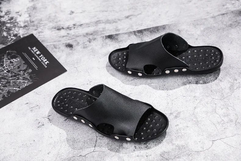Mazefeng Summer Genuine Leather Slippers High Quality Men Sandals Rivet Beach Mens Slippers Platform Male Sandals Rubber Shoes