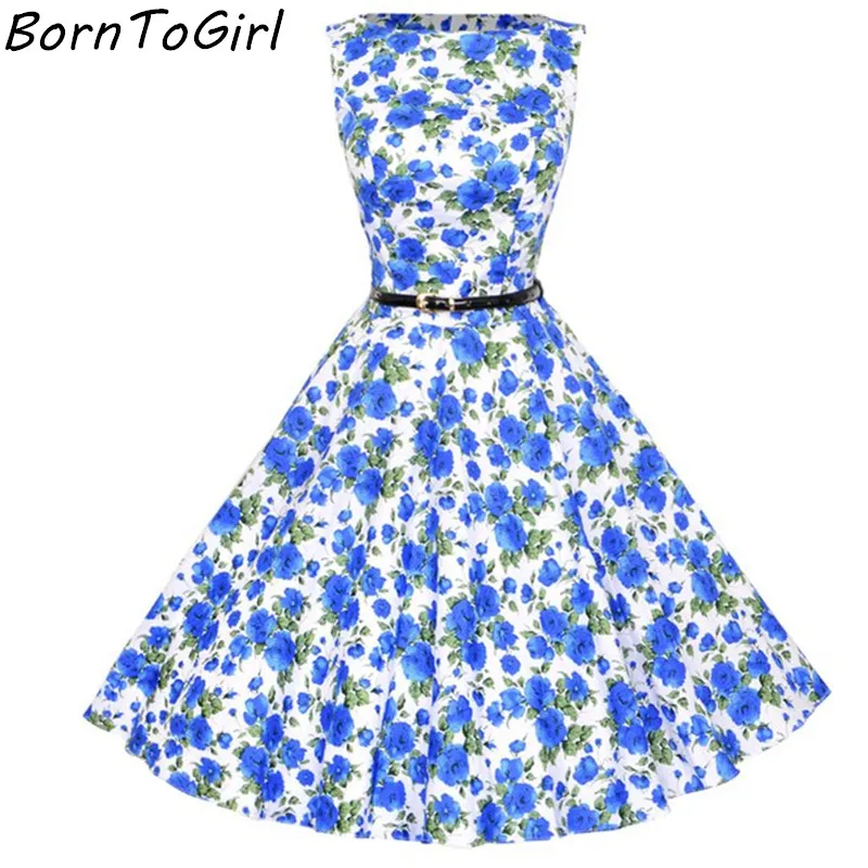 Borntogirl летние женские винтажные Высокая Талия Тонкий Belted Printed платье на бретелях