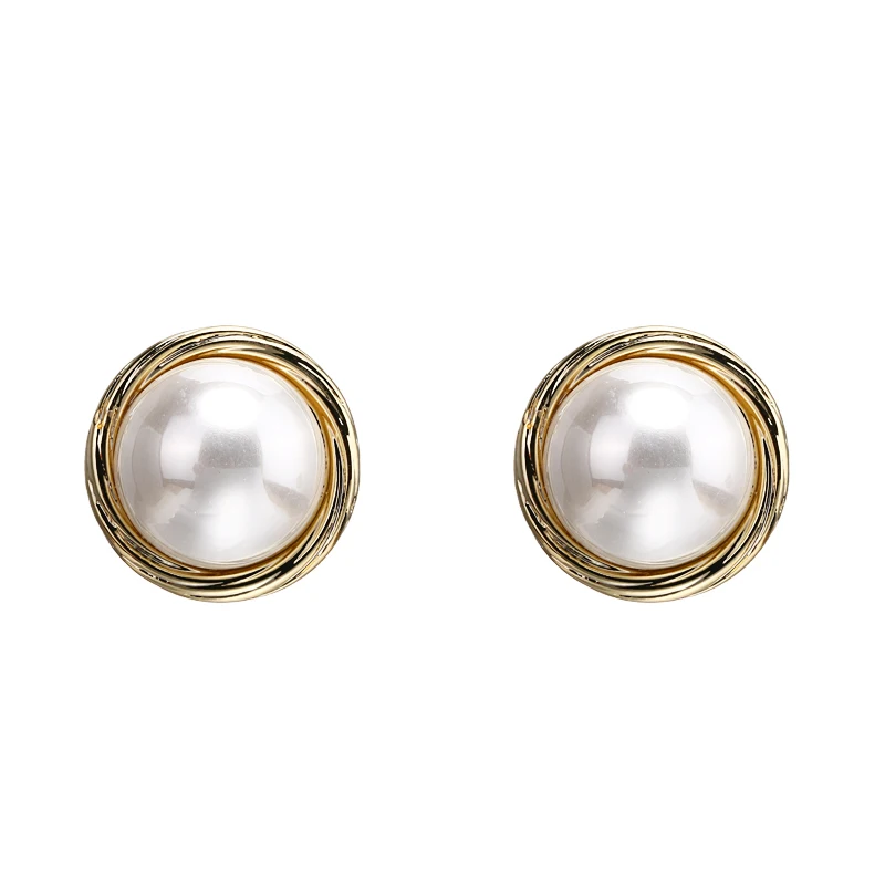 Yhpup Stylish Copper Round Geometric Stud Earrings Imitation Shell Pearls Vintage Oorbellen Female Party Jewelry S925 Brincos - Окраска металла: White