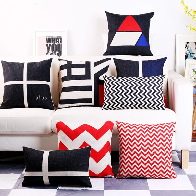 

Nordic Black Red Geometric Linen Pillow Cover 60x60 Stripe England Geometry Home Decorative Decor Pillowcase Office Sofa Cushion