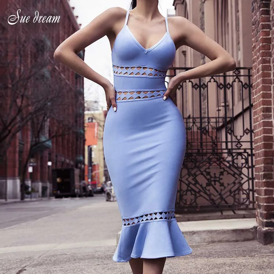 Женские летние бандажные платья 2020 Голубые Вечерние на тонких бретельках с v