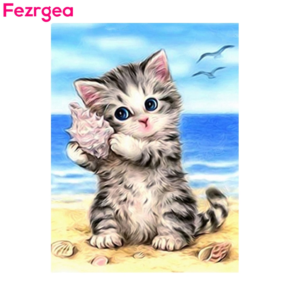 

Fezrgea 5D алмазная живопись «сделай сам», кот, вышивка крестиком, алмазная вышивка, квадратный узор стразы, украшение для дома, рукоделие и иску...