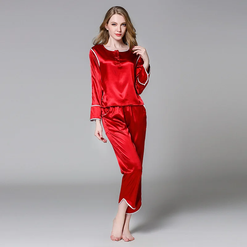 

Solid Color Casual Home night suit Silk Satin Women Pajama Sets Spring Autumn Pajamas For Women Tops Shirt+Pants Pijamas