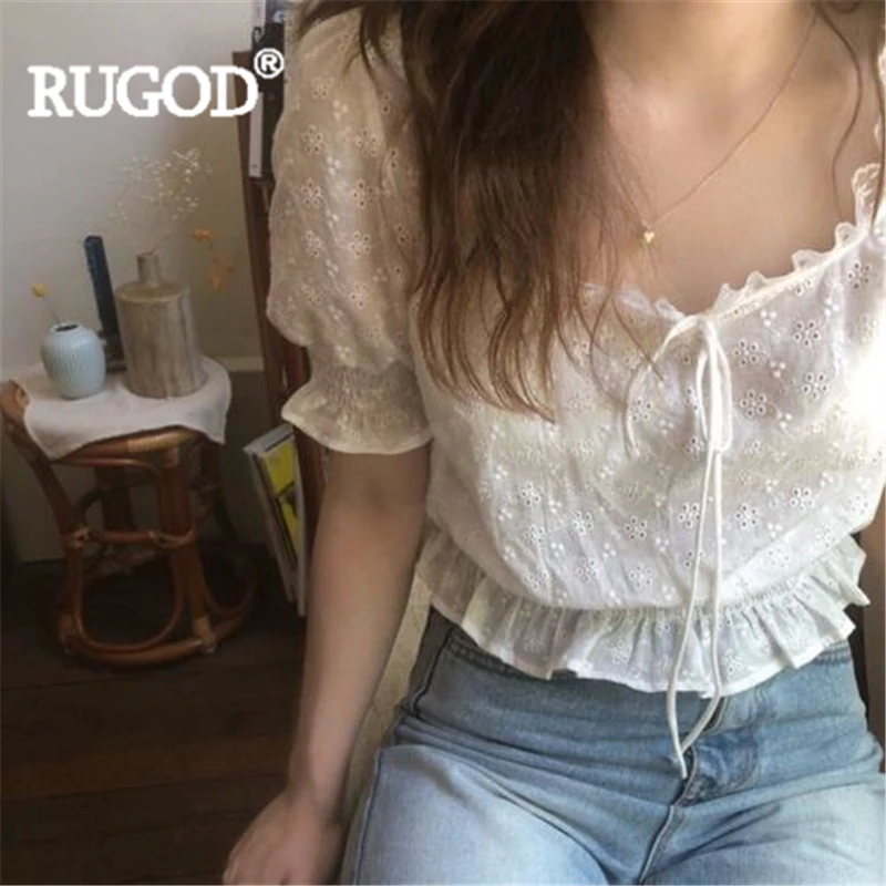 Женская кружевная блузка RUGOD летняя однотонная с квадратным вырезом высокой