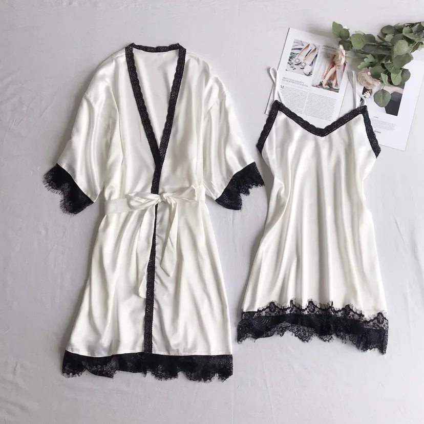 MECHCITIZ Silk Women Robe Gown Sets 2019 Summer New Sexy Lace Lingerie Nightdress Bathrobe Sleepwear Nighty Lounge Set Home Suit |