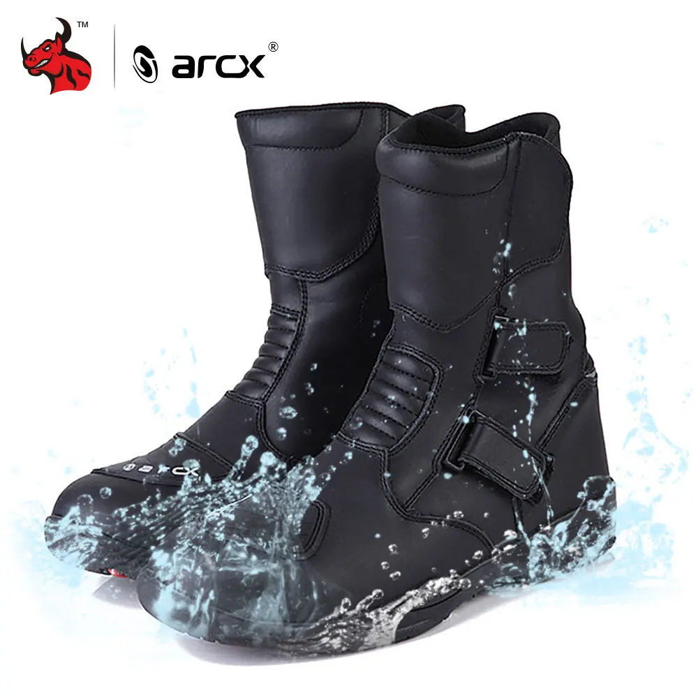 Черный ARCX/мотоциклетные ботинки; мужские кожаные байкерские ботинки; водонепроницаемые ботинки для мотокросса; гоночная обувь до середины икры; Черная мотоциклетная обувь - Цвет: Черный