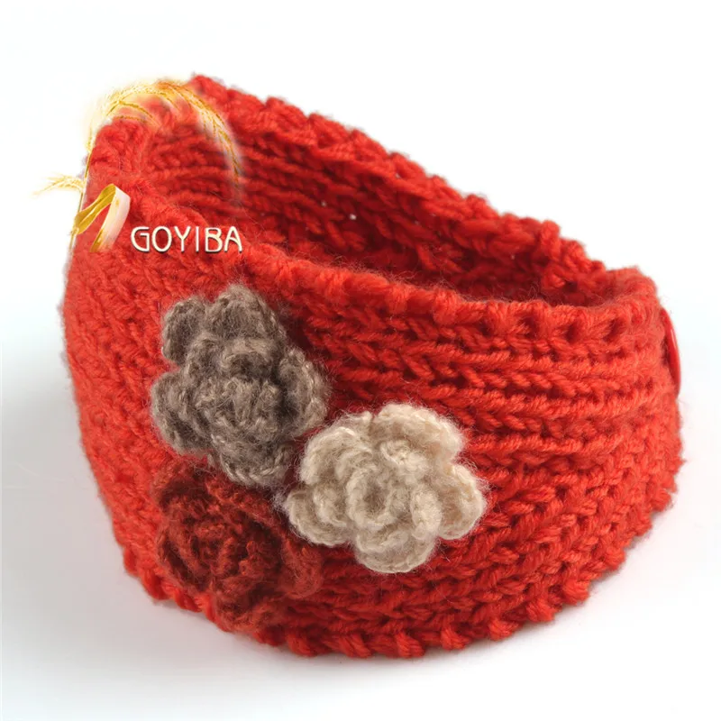 Orange GOYIBA/13 цветов, женская зимняя вязаная головная повязка с цветами для девочек, с пуговицами, головной убор, теплые тюрбан, повязка для волос - Цвет: Orange