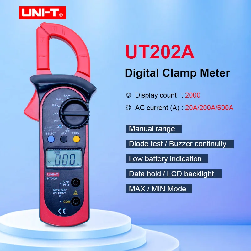 

UNI-T UT202A Resistance DC AC Voltage Measuring Tool LCD Digital Clamp Multimeter Voltage Current Resistance Diode