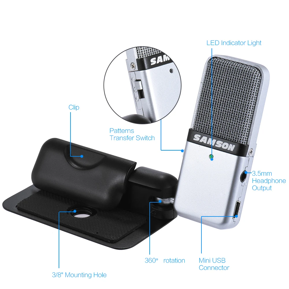 Портативный USB конденсаторный микрофон Samson Go подключи и играй совместимый с Mac