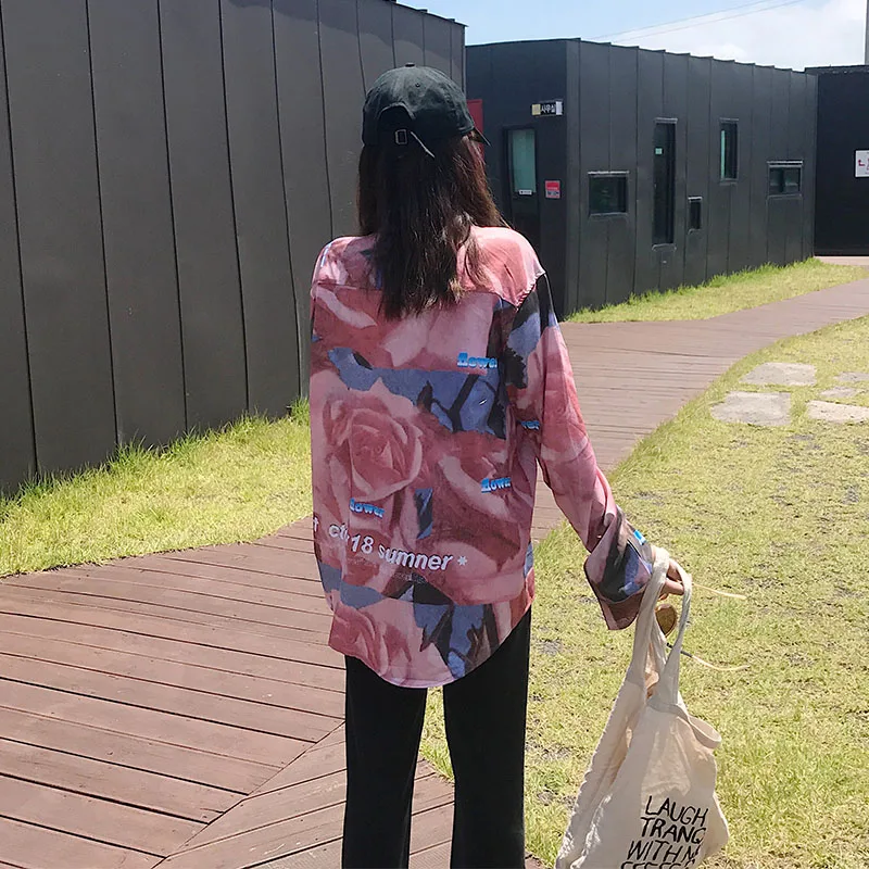 Cheerart Autumn 2018 Long Floral Blouse Sleeve Shirt Loose Pink Top Button Down For Women Korean Fashion Clothing | Женская одежда