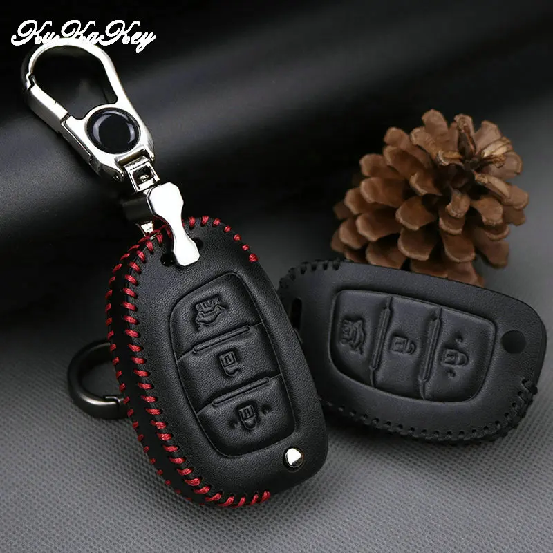 Кожаный чехол для ключей KUKAKEY 3 кнопки Hyundai I10 I20 IX25 IX35 IX45 Elantra Accent автомобильный