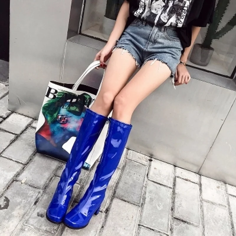 2018 Весна и осень Новый квадратная голова Толстые со из лакированной кожи высокие