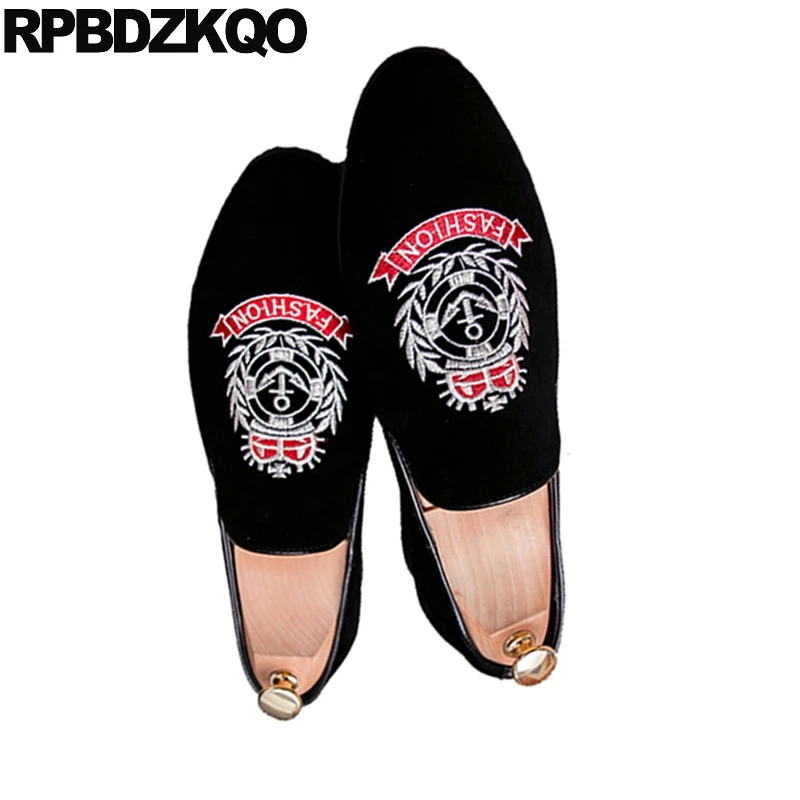 Embroidery Large Size Smoking Slippers Pointed Toe Loafers Runway Italian Mens Shoes Brands European Pointy Party Black Velvet | Обувь