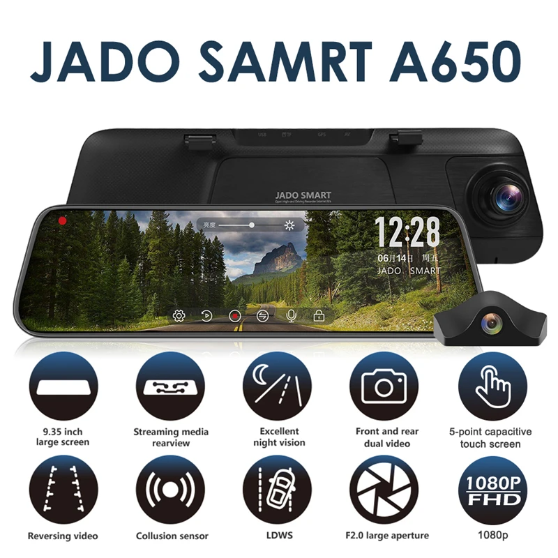 JADO A650 FHD 1080p Автомобильный видеорегистратор Камера 9,3" ips сенсорный экран зеркало заднего вида Dash Cam ADAS звездный свет; ночное зрение рекордер видеорегистратор авторегистратор