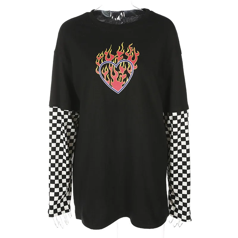 NEW Spring Autumn Plaid Patchwork Long Sleeve Flaming Heart Print Sweatshirt Hoodie Women Black Checkboard Pullover Hoodies | Женская