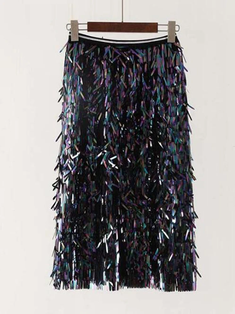 

2020 Spring New Arrival Fashion High Waist Slim A-Line Sparkling Sequined Fringed Ladies Skirts Chic Skirts Womens Free Shipping